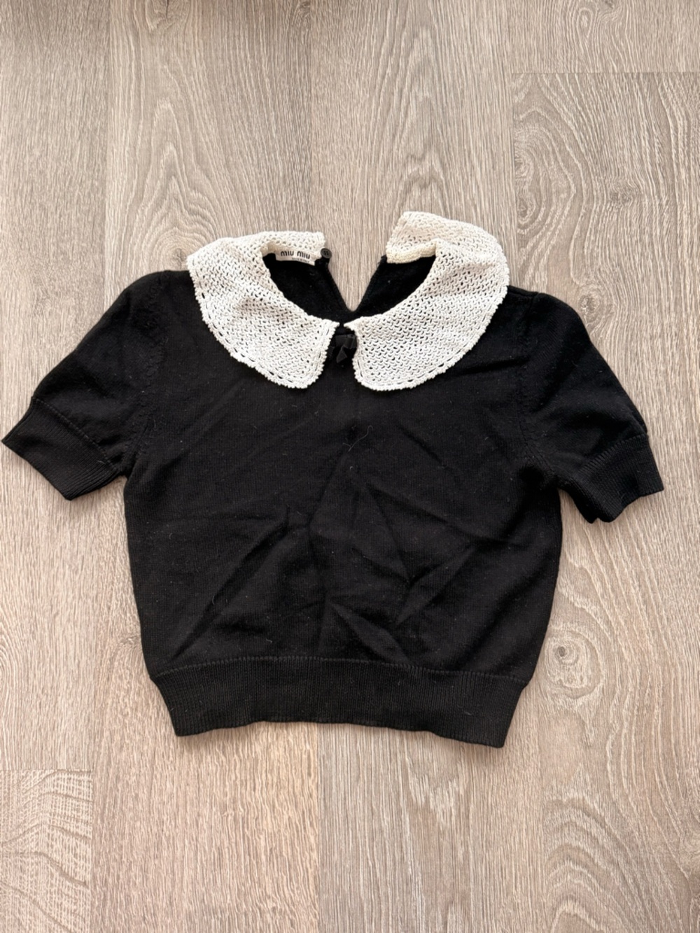 Miu Miu Black Knit Top SUPER CROPPED with Contrast Crochet Collar